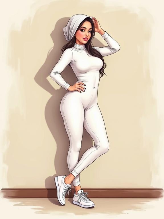 Illustration of a confident woman in a white bodysuit. Figure has wide hips and thick thighs. She wears a hijab and sneakers. Standing against a wall with one hand on her head and the other on her hip. Front-facing and looking at the viewer.