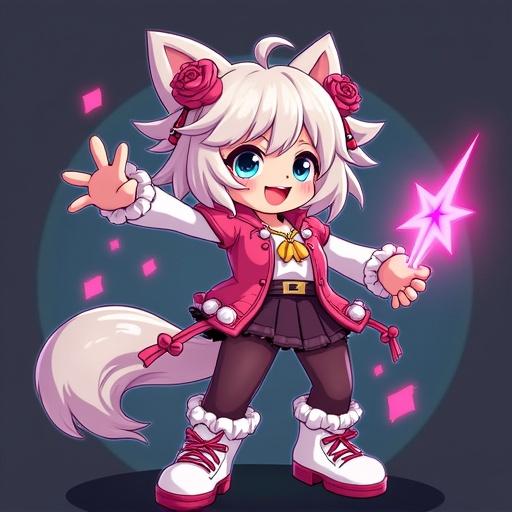 Create a character design featuring a playful character with light hair and magical elements. The character has cat-like features and wears a vibrant outfit with accessories. The background is simple and emphasizes the character.