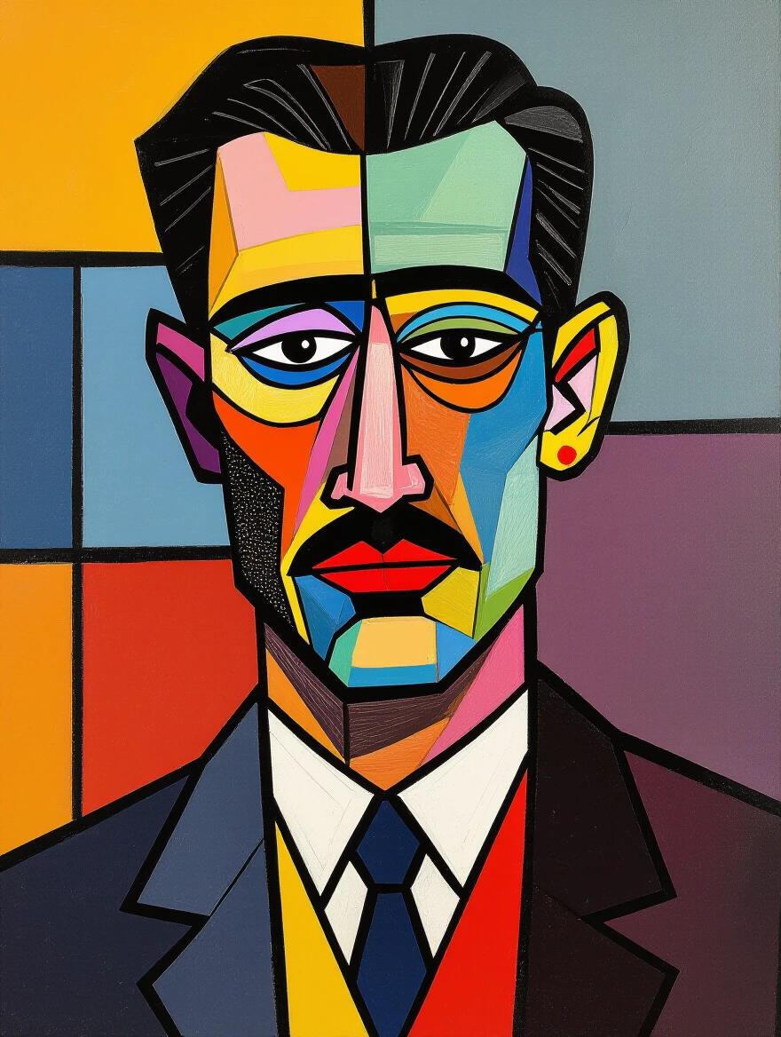 Abstract art inspired by Mondrian style with Dadaism elements. Vibrant colors and geometric shapes. Modern portrait style. Bold lines and clear segments.