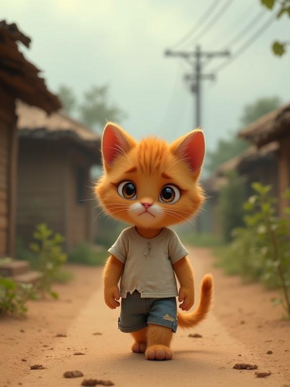 3D animated ginger kitten walking away on a dusty road. Kitten wears torn t-shirt and shorts. Sad expression is visible. Paw tracks mark the path. Traditional huts line the road. A telephone pole stands in the background. Overcast sky creates a gloomy mood. Vertical video format is used.
