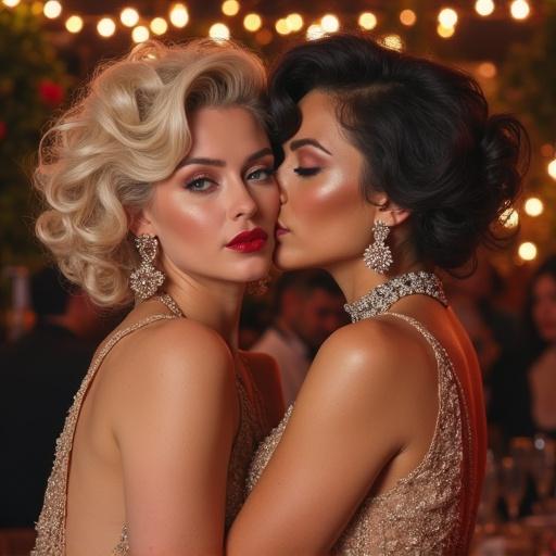 Two glamorous women in wedding dresses with veils and white gloves celebrating on stage. Elegant setting with floral decorations and a crowd of brides filming. Soft lighting and a festive atmosphere.
