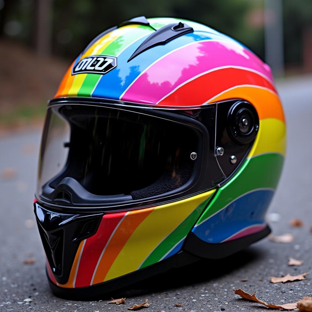 Vibrant LGBT rainbow dual sport motorcycle helmet design. Featuring fluorescent colors in a striking pattern. Photographed on the road.