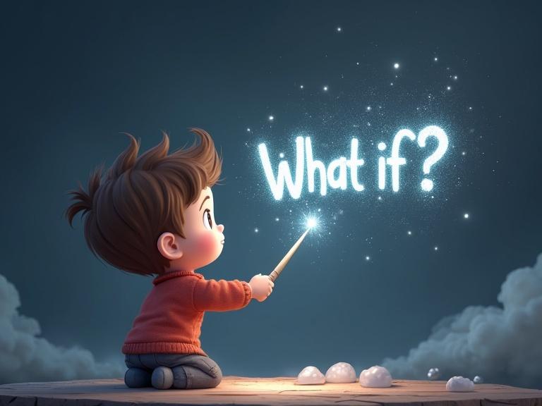 A child holds a magical wand creating glowing text. The text reads 'What if?' in sparkling letters. Scene evokes wonder in a whimsical setting. Background is grey with magical elements. Style is 3D cartoonish. Image size is 1546px by 423px.