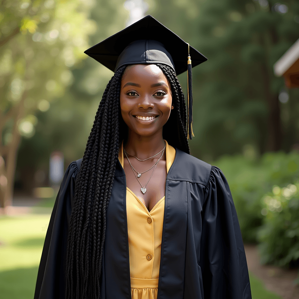 A smiling graduate in a gown and cap stands outdoors.