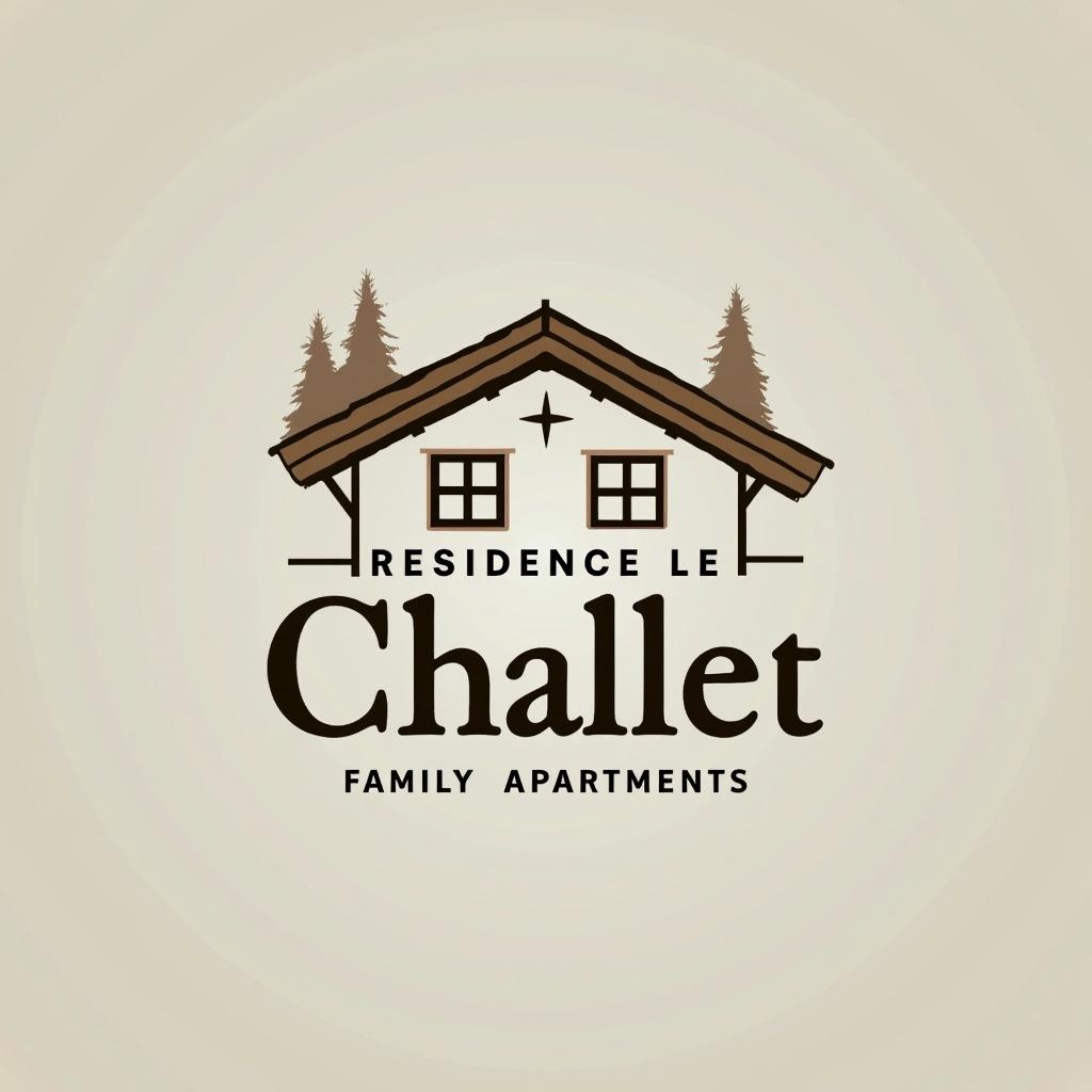 Create a logo for a residence named 'Residence Le Chalet' located in Antagnod, Val d'Ayas. The design should reflect the simplicity and elegance of family apartments inspired by Alpine and Aosta Valley traditions. Incorporate a stylized chalet graphic with earthy colors and natural elements, such as trees in the background. The slogan 'Family Apartments' should be clearly integrated into the logo. Aim for a modern and clean aesthetic that appeals to families seeking a serene and beautiful setting.