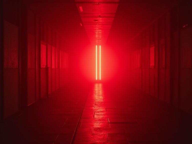 Vibrant corridor illuminated by red light. Distinct vertical lights at the end. Dark surroundings create a dramatic effect. Suitable for sci-fi themes.
