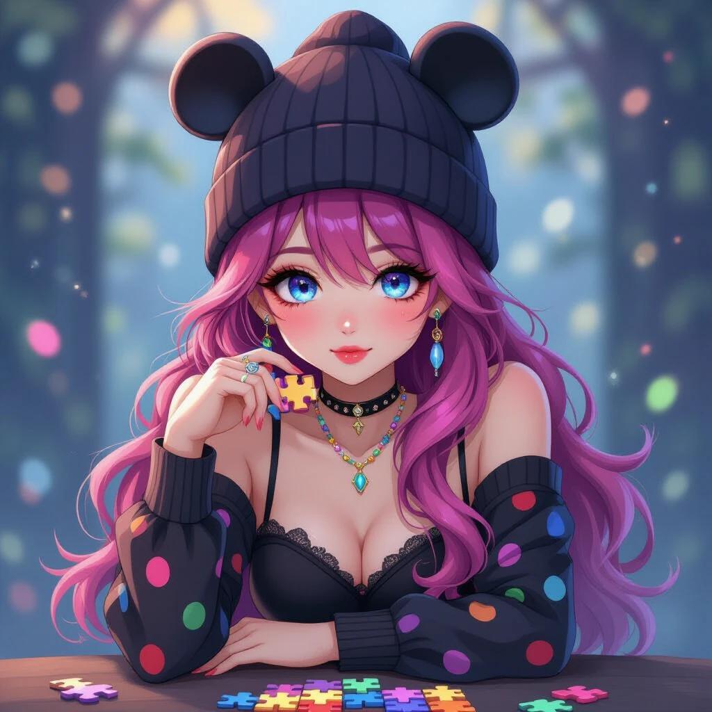 Close up of an Asiatic female with anime features. She wears a beanie with cute mouse ears. A beautiful black dress with colorful polkadots. A puzzle lies on the table. Thick pink long hair features colorful beads. Holding puzzle pieces. Piercing blue eyes with long eyelashes. Background has floating particles and bokeh. Rendered in oil painted style with classic anime elements.