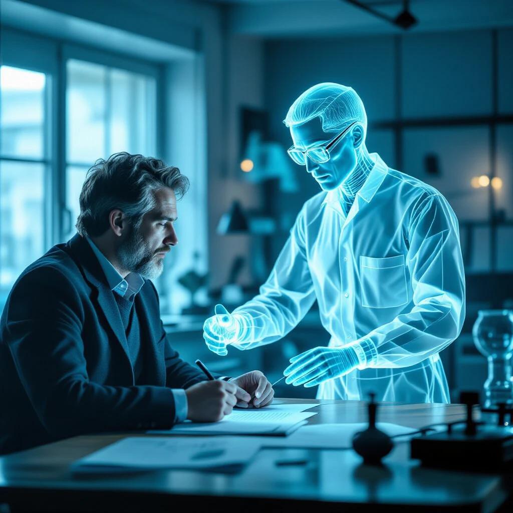 A ghostly transparent engineer adjusts a prototype from 1928. A modern historian takes notes. The setting features double exposure effects in cyan tones with a serene ambiance.