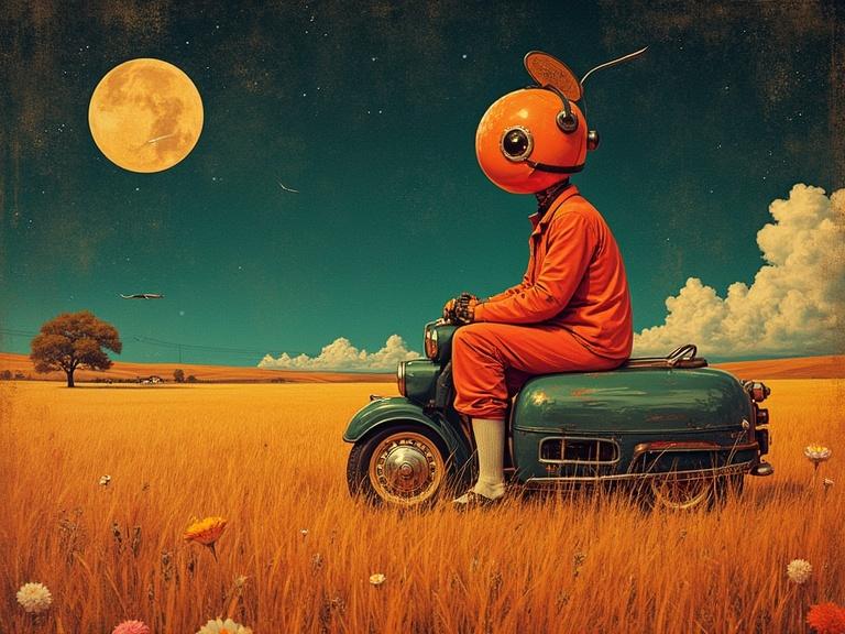 A character wearing an orange helmet sits on a small vintage vehicle in a wide, golden meadow under a bright moon. The night sky is clear with a few clouds and stars. The overall atmosphere is dreamlike.