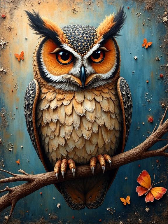 Owl as a central figure. Thick and textured with bright colors. Mixed media elements used. Magical and evocative features. High resolution and depth to the artwork.