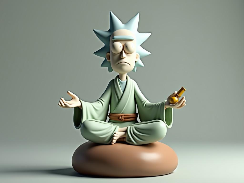 The image portrays a cartoon-style character with spiky hair, seated in a meditative pose on a cushion. Dressed in a green robe, the character holds a small bottle in one hand, suggesting a blend of science and tranquility. The soft lighting and muted colors convey a serene atmosphere.