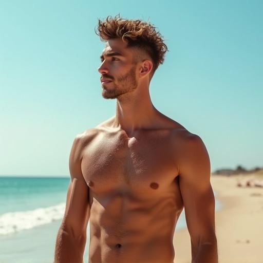 A photorealistic full body portrait of a lifeguard at the beach. The lifeguard has curly hair in a mullet style and is standing confidently near the water.