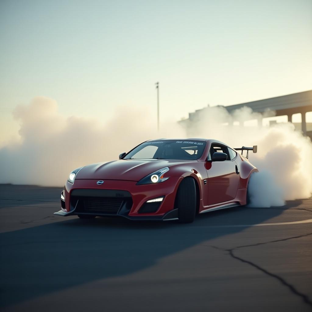 A red car drifts in smoke. The car races with dramatic effects. Background shows motion blur and smoke. Shot taken during golden hour.