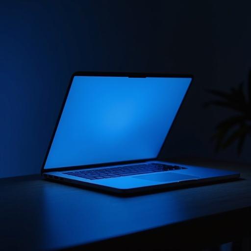 A MacBook Air in midnight blue sits open on a desk. The screen glows with a blue light in low light surroundings.