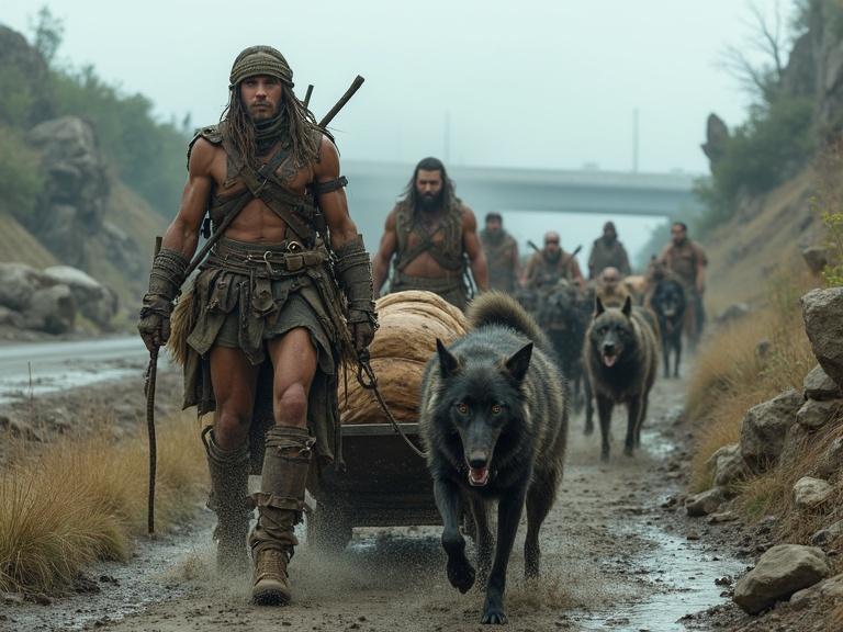 Gritty Bronze Age post-apocalyptic scene with group of survivors hauling supplies across muddy terrain using makeshift sled. Sled pulled by mixed-breed dogs. Survivors in leather and primitive gear. Background shows collapsed freeway and overgrown ruins. Overcast skies and heavy atmosphere.