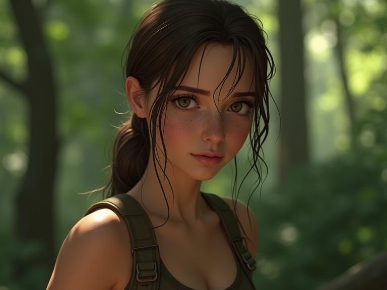 A young female adventurer in a forest. She has long, slightly wavy hair and a determined expression. The background is filled with lush greenery and trees.