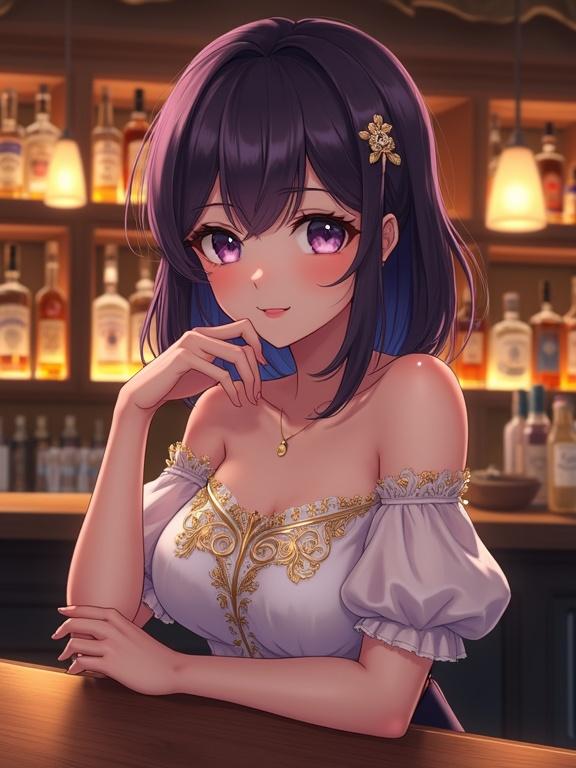 Realistic anime art style of a lady at a bar. She has shoulder-length dark violet hair with bangs. Her eyes are light violet and she has a gentle expression. She wears an off-the-shoulder white top with gold embroidery. The background shows a dimly lit bar with shelves of alcoholic beverages.