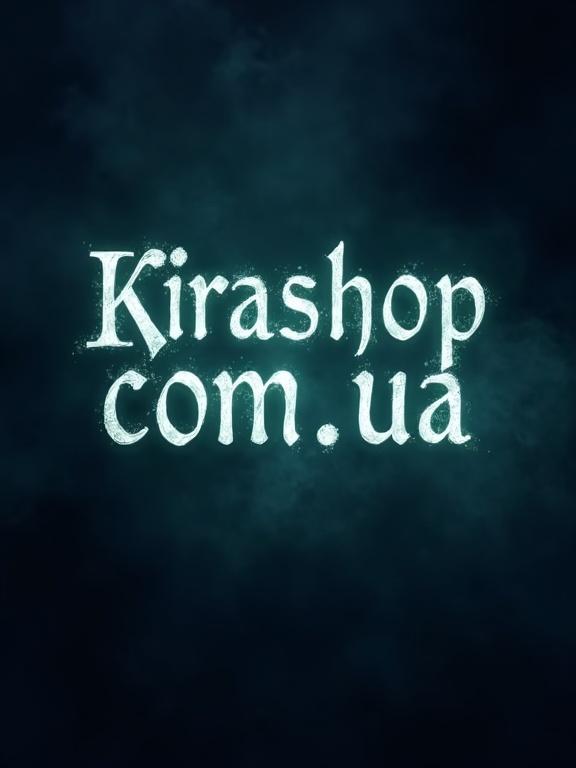 High-resolution mystical image featuring text 'kirashop.com.ua' in calligraphic typeface. Letters glow softly in deep indigo, emerald green, or amethyst purple. Background is dark with faint wisps of mist. Impression of hidden knowledge and enchantment.