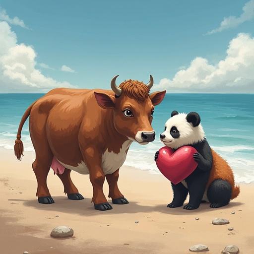 A cow and a panda on a beach. The panda is holding a purple heart. The heart has the name 'Ari' written on it. They are enjoying a sunny day by the ocean.