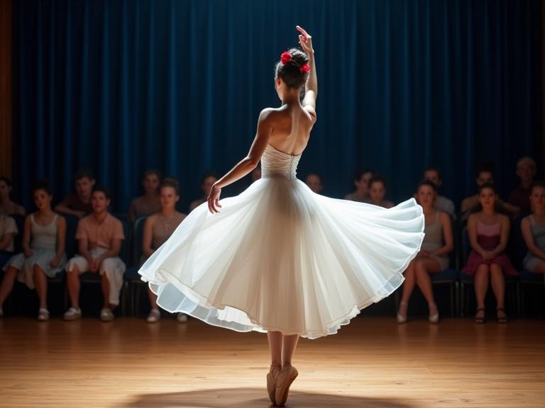 A graceful ballerina performs an elegant pirouette. Flowing white dress swirls around her. Hair is a tightly bun adorned with a red rose. Soft spotlight shines on her. Warm polished wooden stage contrasts with deep blue curtains. A hushed audience captivates the serene atmosphere.