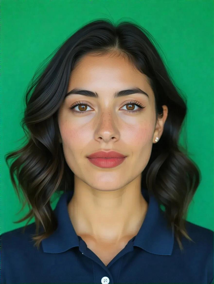 Amateur portrait of a woman against a vibrant emerald green background. Woman has shoulder-length wavy black hair styled with volume and a side part. She has defined eyebrows, warm brown eyes with subtle makeup, and natural pink lipstick. Dressed in a navy blue polo shirt with buttons at the collar. Expression is neutral and professional, looking directly at the camera.