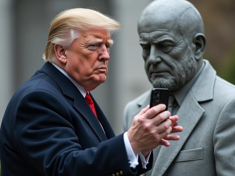 U.S. President Donald Trump takes a selfie with a life-sized statue. Trump holds a smartphone at arm's length. The statue stands next to him. Both figures are highlighted in a natural outdoor setting.
