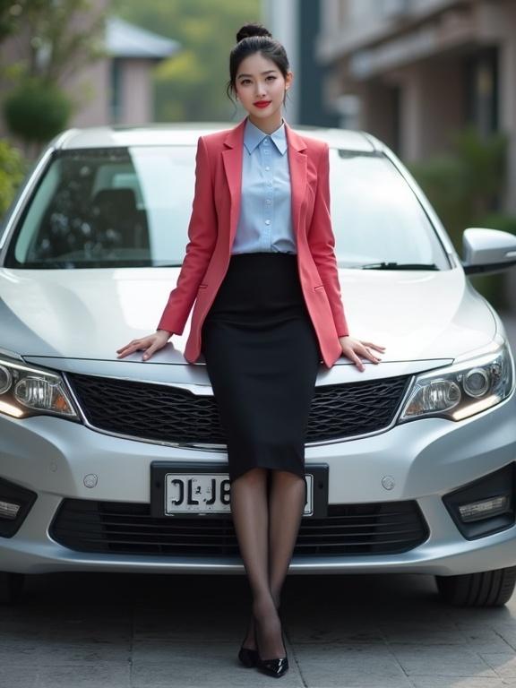 Full body image of a woman in a pink blazer standing in front of a silver sedan. She wears black skirt and sheer black pantyhose. The woman has a light blue blouse and black closed-toe heels. Simple makeup with red lips. She has a bun hairstyle. Leaning against the car hood with hands on it.