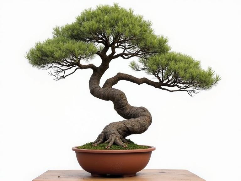 Fine art print of a super realistic bonsai tree. Art is high contrast hand painted acrylic. The bizarre tree has an asymmetric trunk with sparse clumpy leaves. It rests in a simple clay pot against a plain background.