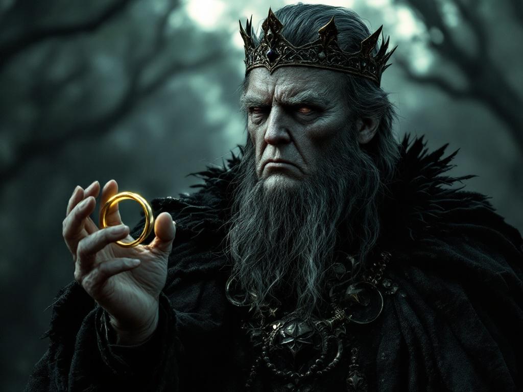 A dark fantasy character, with a long gray beard and a crown, holding a golden ring, dressed in black robes, set in a mystical forest with gloomy lighting.
