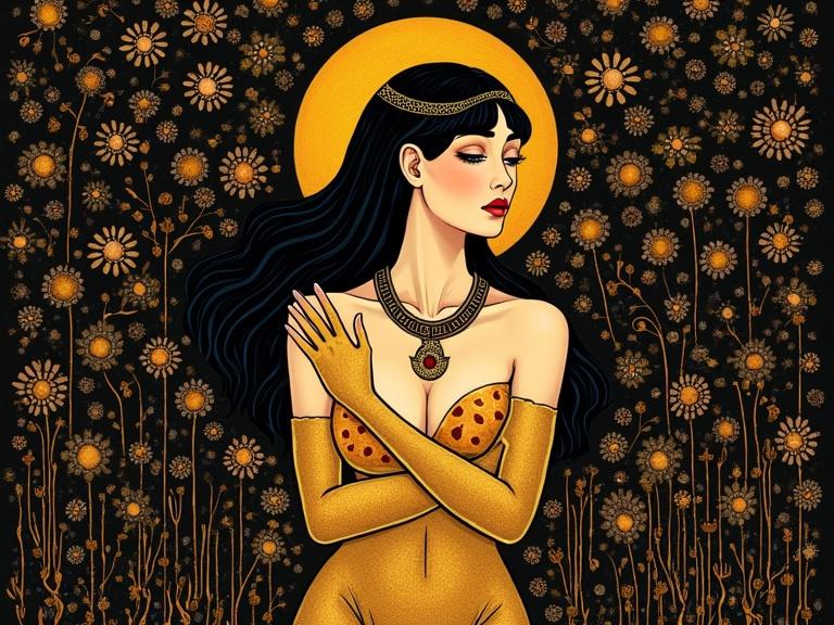 Artwork represents a figure of a woman with rich decor and floral elements. The design resembles Klimt's style with vibrant colors and intricate details. The theme explores beauty and allure.