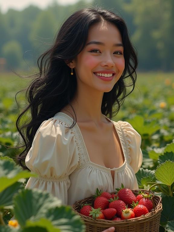 A gorgeous female with black hair. Happy face and light laugh. Nurturing strawberries in a field. Basket full of strawberries. Beautiful background with woods. Epic digital art style.