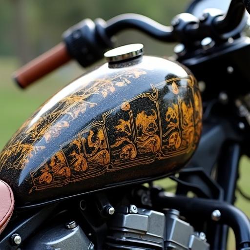Close-up of motorcycle tank. Turtle shell design intricately painted. Vintage motorcycle aesthetic. Detailed artwork. Focus on craftsmanship.
