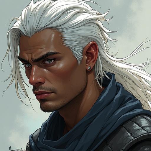 Illustrated drawing of a young man with black skin and long silver hair. He has beast horns. The setting is a fantasy world.