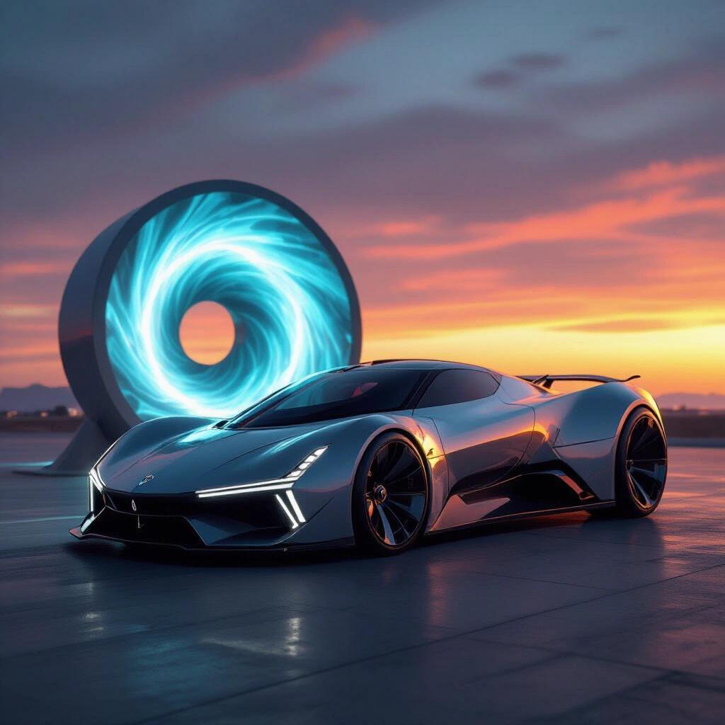 Futuristic angular dragster parked with swirling portal at sunset. Dark sunset illuminates metallic silver car. Car design influenced by Lamborghini and Bugatti. Deep grooves accentuate car's features.