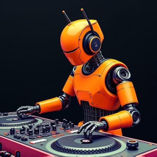 Android DJ mixes music on turntables. Robot has a pixelated screen face. Body made of metallic material with orange skin. DJing under bright lights.