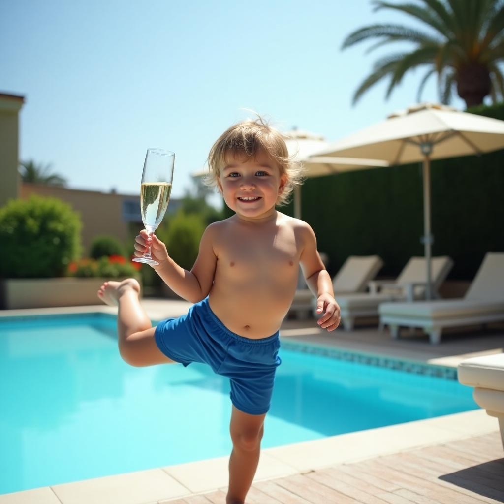 A child performs a split on a terrace by a pool. Wearing blue swim shorts. Holding a glass of champagne.