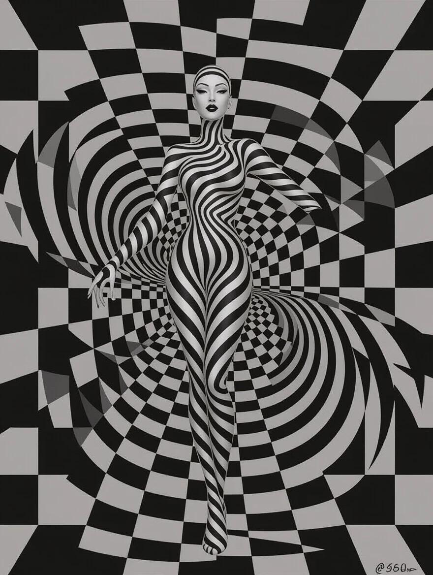 Digital art piece features an optical illusion of a woman's body in a catsuit. Stripes create a spiral pattern that swirls around her. Background filled with large checkered patterns in black and white. Design evokes movement and depth. Gazing at the face draws one into another dimension.