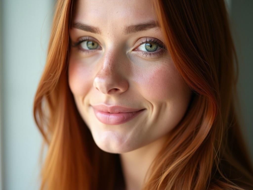 A woman with striking green eyes and full lips softly smiles in gentle, natural light. Her long straight auburn hair falls beautifully around her face. The focus is on her captivating eyes and inviting smile. The background is softly blurred, enhancing the clarity of her features. This close-up portrait evokes a sense of warmth and approachability.