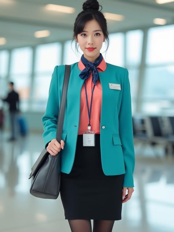 Full body view of East Asian female airport ground staff in uniform. Wearing coral-pink mandarin-collar blouse and turquoise blazer. Black pencil skirt and pantyhose with black closed-toe low-heel pumps. Hair in a bun, light makeup, and red lips. Name tag and silver lanyard with ID badge. Dark blue gingham scarf tied around neck. Background shows airport terminal and dark-grey satchel.
