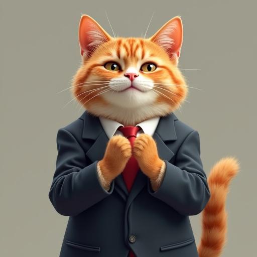 A semi-realistic cat wears a suit and claps its paws together. The cat has a proud grin and a slightly curled tail.