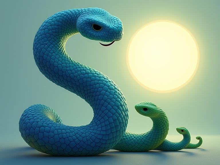 Visual representation of capital letter S as a blue snake coiling. Small letter s depicted by a smaller green snake. Bright sun appears in the background.