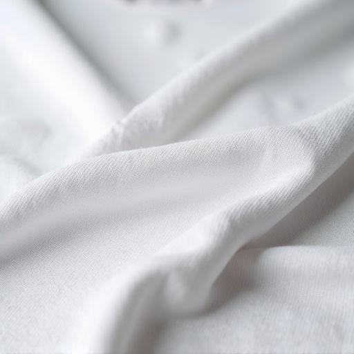 Close-up view of men's cotton t-shirt fabric. Show soft texture and light wrinkles. Include visible weave details on a clean white background. Use high-resolution product photography with studio lighting.