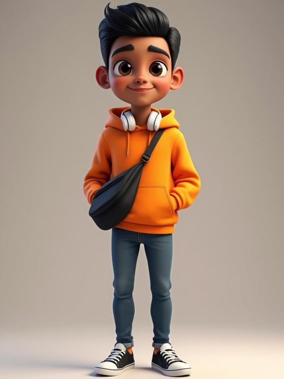 3D cartoon character of a young man with medium brown skin and thick black hair. Character wears an orange hoodie, slim-fit jeans, black-and-white sneakers. He's carrying a black crossbody bag and wearing white headphones. Style resembles Pixar or DreamWorks with smooth shading. Neutral background to highlight character.