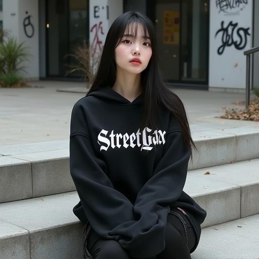 Full-body photo of a slim East Asian girl with long black hair sitting on concrete steps. Wearing a black oversized hoodie with bold white letters. Modern urban background with graffiti and natural light. Casual and confident pose with relaxed arms. Sharp focus on model and surroundings.