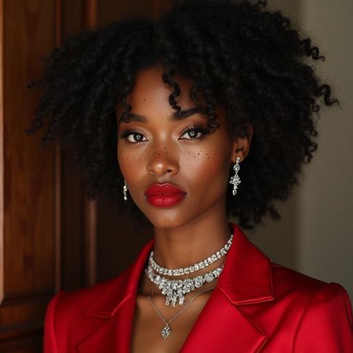 A young Black woman showcases a glamorous look. She has natural curls and is styled in a custom red satin dress. Freckles decorates her cheeks. Her makeup is striking with bold red lipstick and sharp hazel eyes. Adorned with stunning diamond jewelry including a necklace, bracelet, and anklet. The atmosphere is elegant and fashionable.