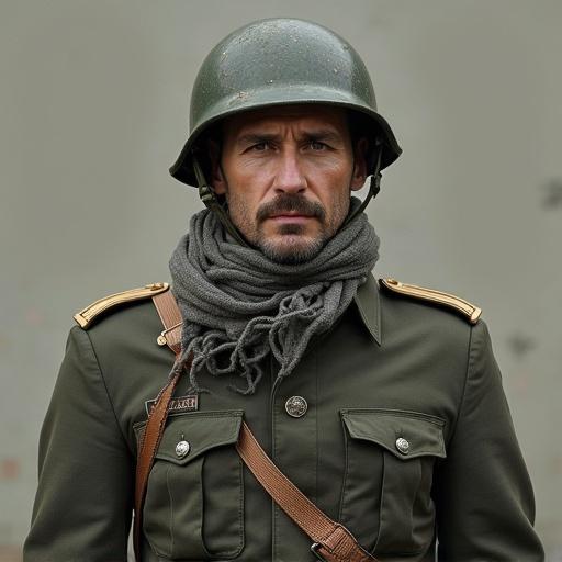 Photo of a soldier wearing a tank helmet and Ukrainian trousers with an order and a bandage.