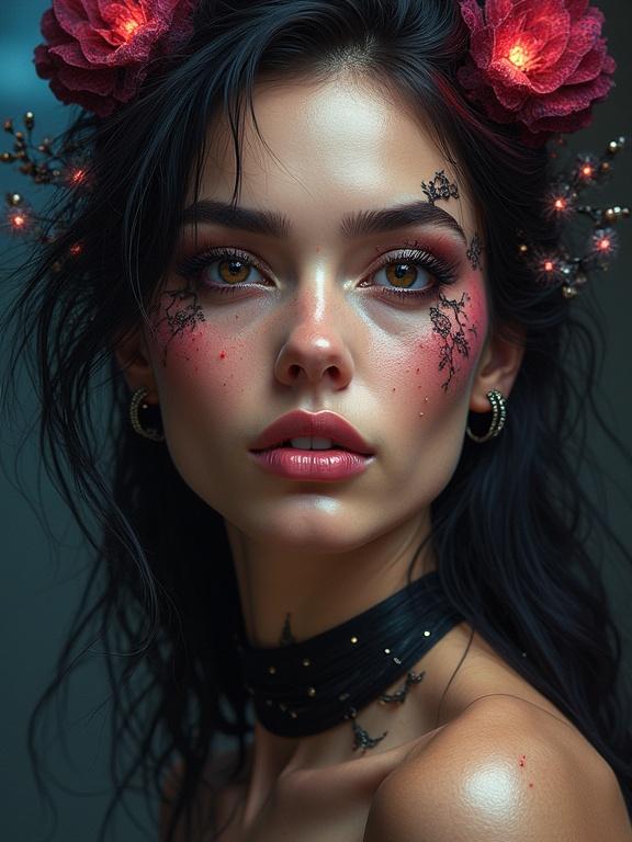 Detailed portrait of a woman with cosmic elements. Features include strong facial contours, a captivating gaze, and floral adornments. Emphasis on beauty and allure.