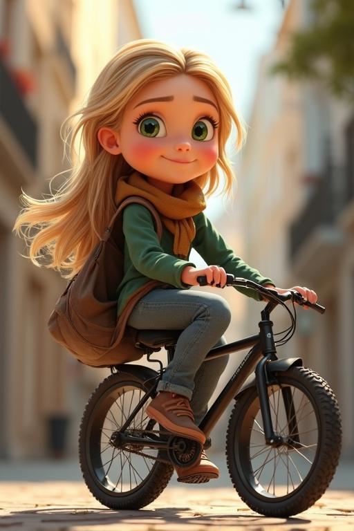 Generate an animated image featuring a young girl with blonde hair riding a bicycle. She has green eyes and a cheerful smile. The street is lively, with buildings in the background. Include elements like books and a trailer. The girl symbolizes themes of data science, family, and outdoor adventure.