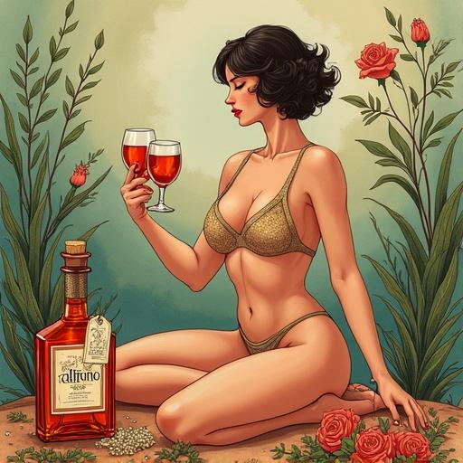 Stylized advertisement showcases a radiant goddess enjoying meditation. Setting includes wildflowers and plants. Two tasting glasses filled with herbal liqueur in hands. Lower apothecary-style spirit bottle labeled 'ALFRUNO'. Vibrant illustration features earthy tones and whimsical dreamy style.