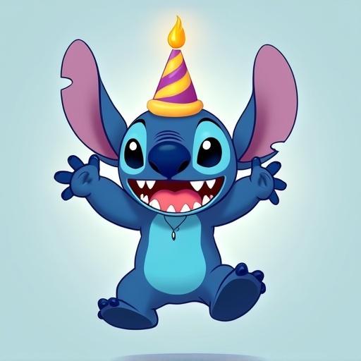 Happy Stitch character jumping with arms raised wearing a birthday hat with candle